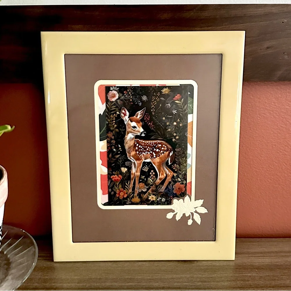 Vintage Frame Deer Postcard Moody Floral Fawn Gold Framed Wall Art Nature Boho